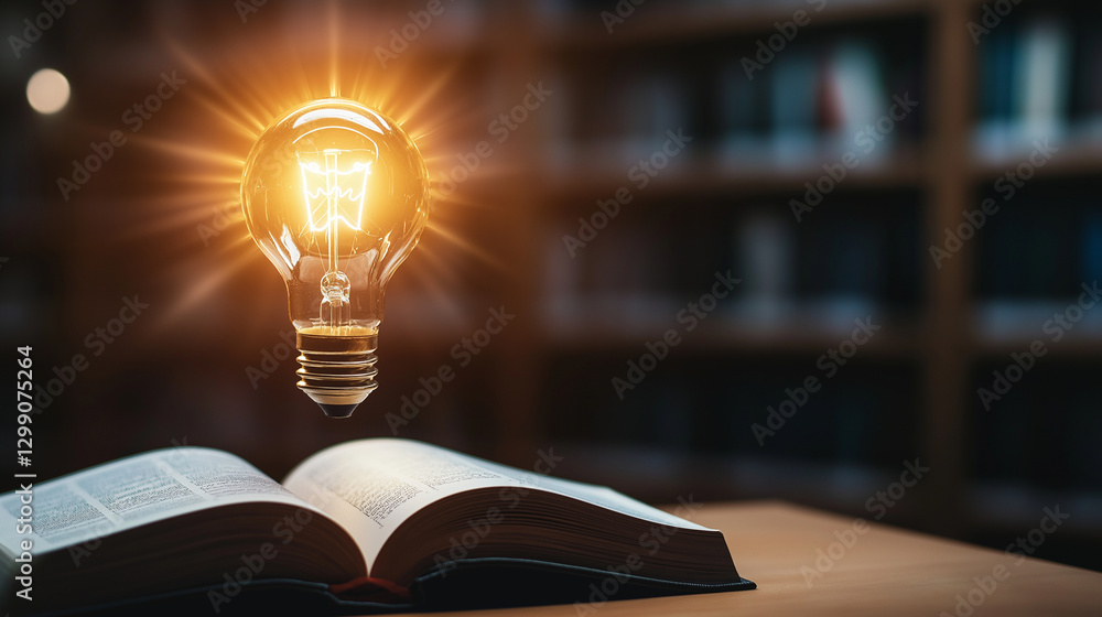 Aufkleber a glowing light bulb shines above an open book, casting a golden glow on the pages, signifying knowl