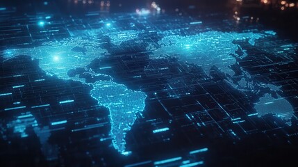 A bright blue digital mesh overlaying the world map representing cyber infrastructure financial systems and international trade routes