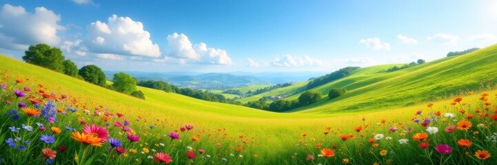 Fototapeta premium Rolling hills blanketed in colorful wildflowers, breathtaking clear sky , perspective, altitude, countryside