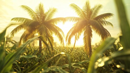 Tranquil Landscape with Two Coconut Trees in Corn Field - Natural Scenery for Graphic Design Projects