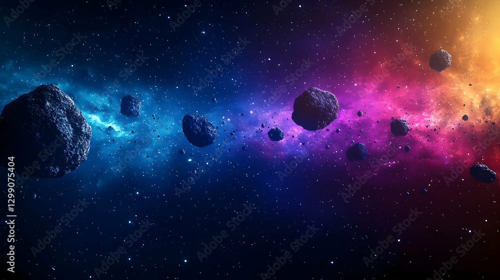 Poster cosmic asteroids floating through a colorful nebula in the vast dark universe