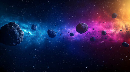 Fototapeta premium Cosmic Asteroids Floating Through A Colorful Nebula In The Vast Dark Universe