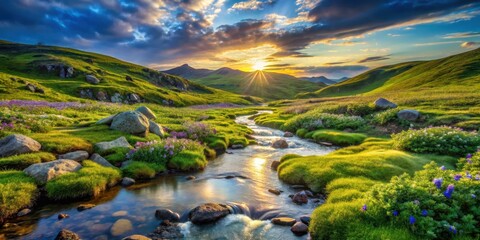 Naklejka premium Serene Sunset over Rolling Hills and a Tranquil Stream, with Vibrant Wildflowers in Bloom