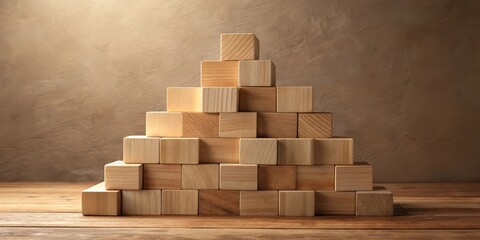 Wooden blocks arranged in a pyramid shape on a wooden surface against a textured backdrop