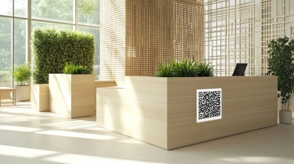 Modern reception desk with QR code,  plants, and large windows
