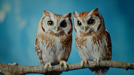 Beautiful Two Owls Perched on Branch in Blue Background - Charming Wildlife Photography for Stock Usage
