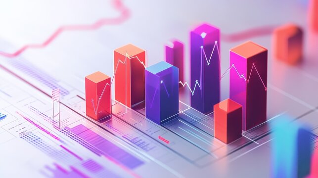 red bar charts and purple line graphs with upward arrows on a white background representing financial growth and business analysis concepts