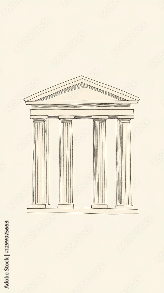 Poster line art illustration of a classical temple with three columns on a white backgrounds, a elegant ill