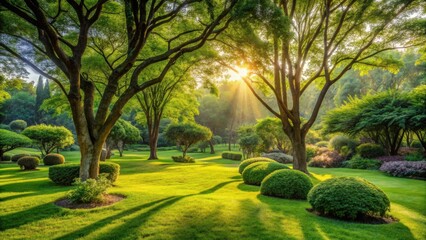 Naklejka premium Serene Garden Landscape Sunbeams Filtering Through Lush Greenery, Illuminating a Tranquil Meadow with Ornamental Shrubs and Mature Trees