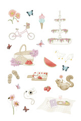 Cute Day in the Park, Nature, Flowers, Picnic Illustration Clip Art