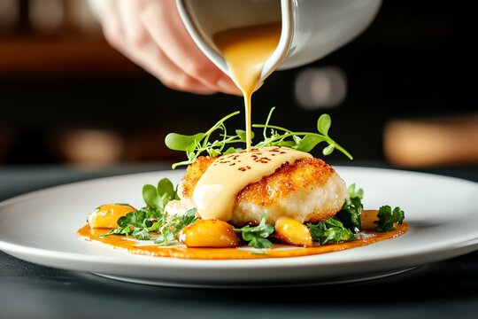 Gourmet dish being plated with sauce.