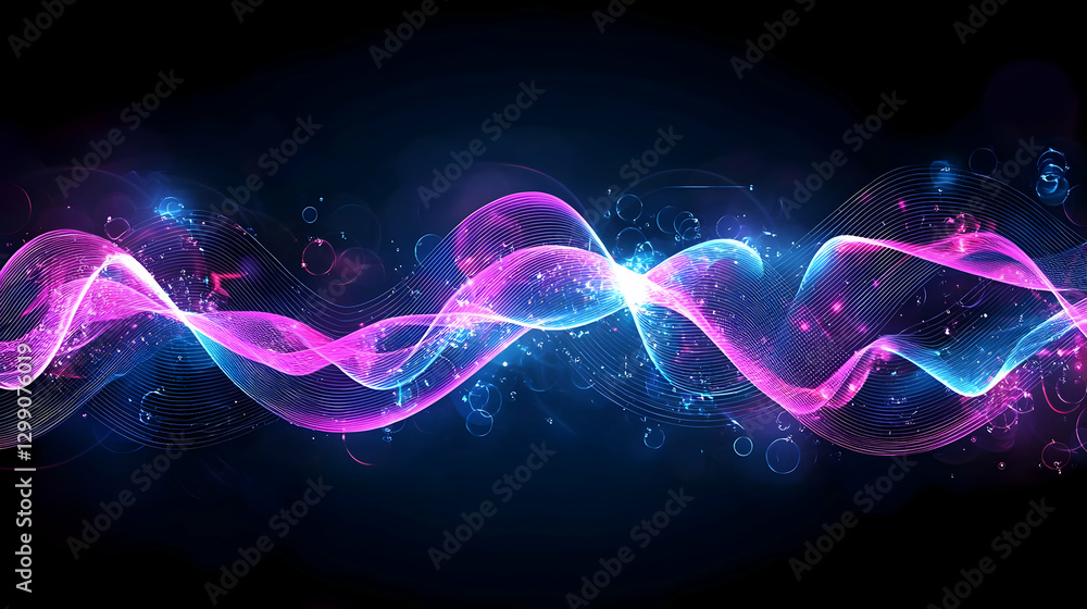 Poster abstract digital wave of blue and purple particles on black background with dynamic flow