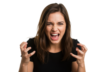 Angry and pissed-off girl screaming, shaking hands and grimacing furious, stare with outraged annoyed face at camera isolated on White background