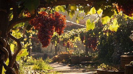 Lush Vine of Grapes in Agricultural Garden: Detailed Image for Commercial Use