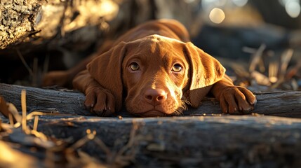 Adorable Vizsla Puppy Relaxing Outdoors Under Log Table - Pet Photography Concept