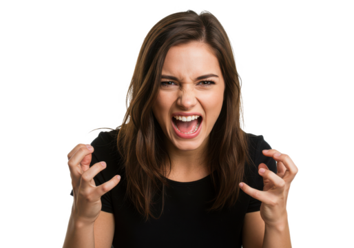 Angry and pissed-off girl screaming, shaking hands and grimacing furious, stare with outraged annoyed face at camera isolated on White background