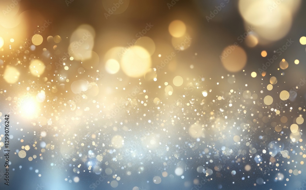 Poster sparkling bokeh effect in golden and blue tones with soft light reflections creating a magical and d