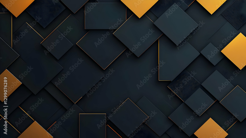 Poster dark abstract geometric pattern with golden accents and dimensional squares