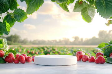 A white podium on a strawberry arch at a strawberry farm background