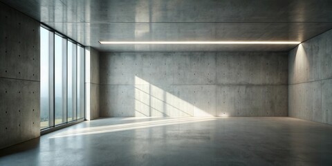 Obraz premium Sunlit Modern Concrete Room with Large Window and Polished Floor