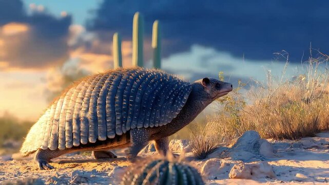 An armadillo walks through a desert landscape at sunset, surrounded by cacti and dry vegetation. The warm golden light highlights its textured shell and natural habitat.