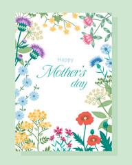 Card template Mothers day with flowers. Hand-drawn vector illustration in flat style.