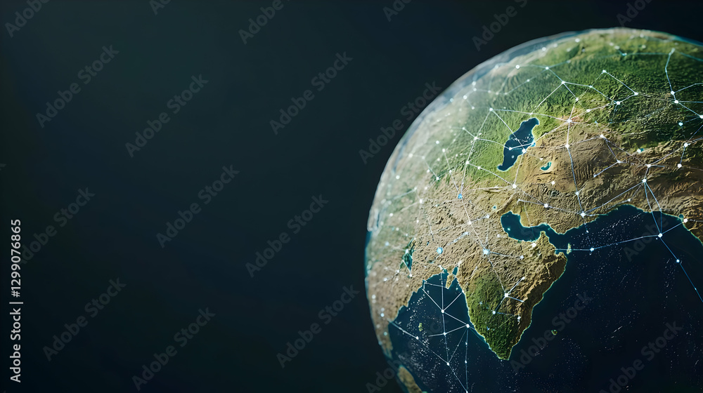 Poster digital earth globe illuminated against dark background depicting global network and technology