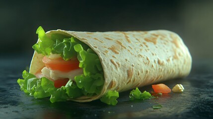 Freshly made wheat tortilla wrap with green lettuce and tomato ingredients for healthy lunch concept