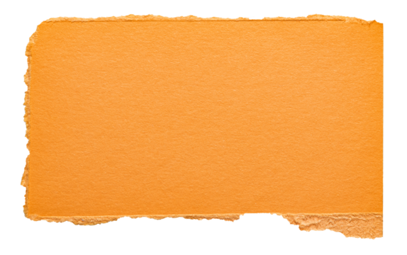 Orange cut out torn piece of blank paper note cardboard with rough texture and copy space for text, transparent png background design element
