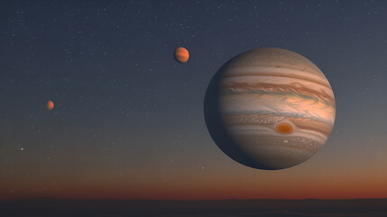 Stunning view of Jupiter and its moons in a cosmic landscape against a starry sky during twilight
