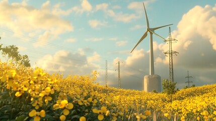 Renewable Energy Wind Turbine Powering Yellow Flower Field