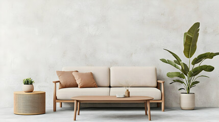 Minimalist Living Room Interior Featuring Wooden Furniture and Potted Plants Against Textured Wall