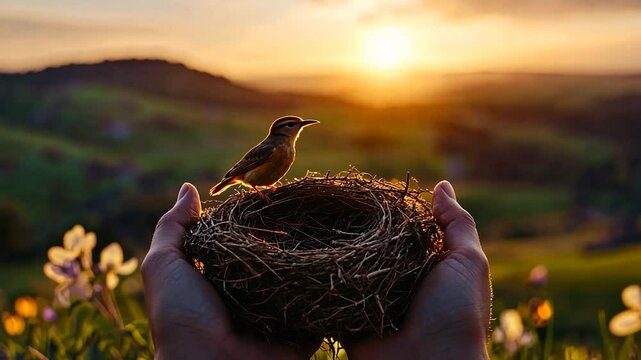 Hands holding bird's nest at sunset