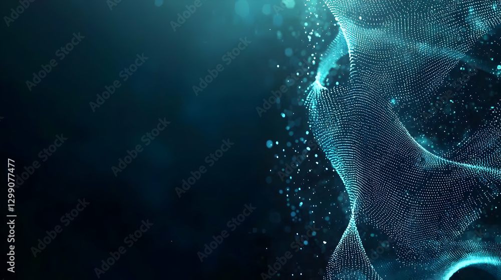 Poster abstract blue digital wave pattern with particle dots and dark background