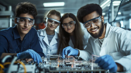 Diverse young electrician students pose confidently next to their functional circuit board project, wearing protective gloves and goggles, celebrating their teamwork in a well-lit