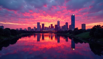 Vibrant sunset hues paint Dallas skyline, perfectly reflected in still Trinity River , landscape, twilight
