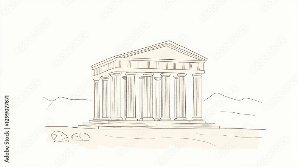 Poster line drawing of a temple in beige and black colors for illustration use. showing architectural eleme