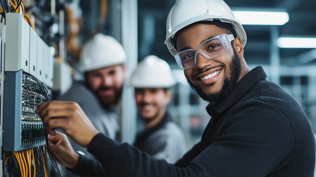 Smiling electrician apprentices pose beside their intricate electrical project, their hands resting on control panels, in a professional training environment with bright overhead l