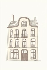 Fototapeta premium Line Drawing Of A Three Story House Exterior Design Drawing Illustration Sketching Simple Aesthetics For Urban Residential Building Design Plan With Facade Windows Roof And Doors Illustration Design