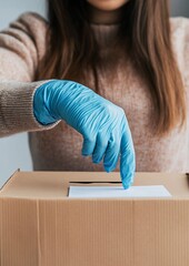 Female Voter Wearing Protective Glove Casting Ballot - Voting Rights Concept