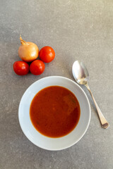 Homemade tomato soup in a white bowl with fresh tomatoes and onion.