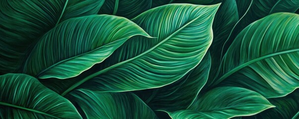 A vibrant close-up of a painting featuring a cluster of lush green leaves, showcasing intricate textures and varying shades of green, capturing the essence of nature's beauty.