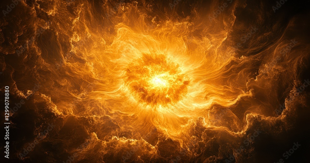 Poster stunning abstract representation of a fiery celestial phenomenon with radiant light and dynamic swir