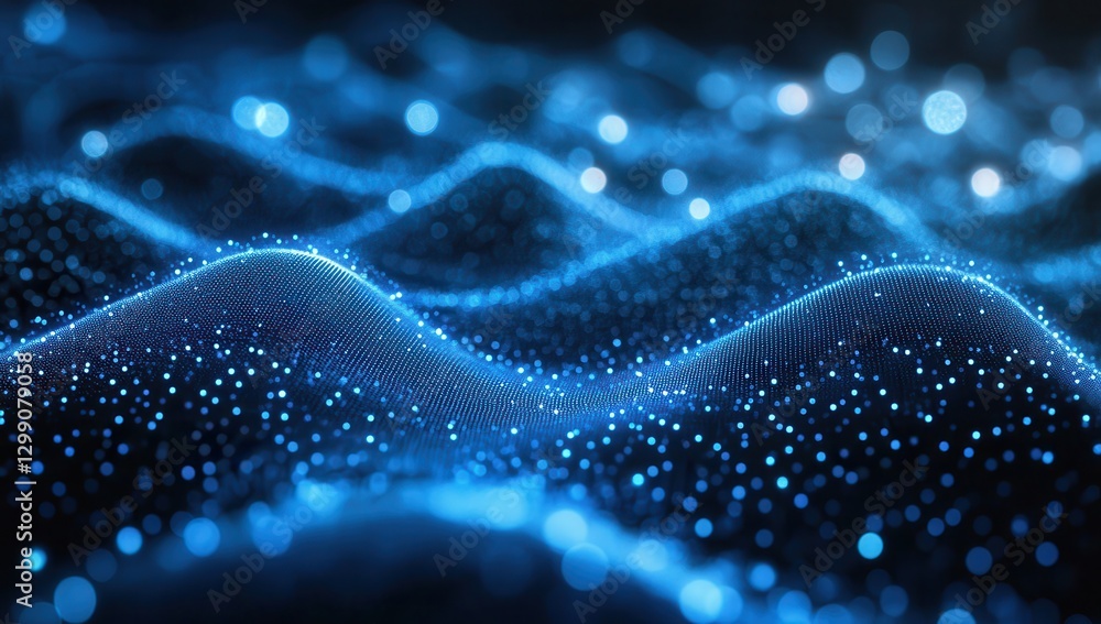 Poster stunning abstract representation of blue waves with shimmering particles and soft glows in a digital