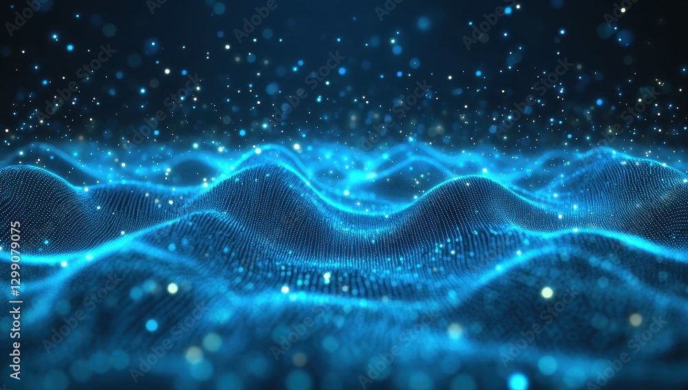 Poster stunning abstract representation of blue waves with glowing particles in a dark environment capturin