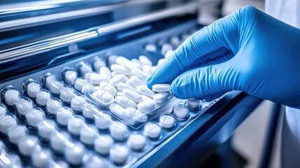 Pharmacist in Gloves Placing White Tablet into Pill Organizer