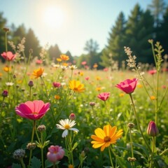 Obraz premium Spectacular display of wildflowers in a sun-drenched meadow , idyllic, scenery, sun