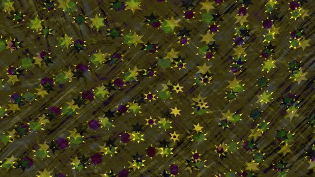 Abstract grunge stop motion with silhouettes of green yellow doodle stars pattern in moving strobe colors. Abstract retro shapes. Copy space speed motion background. Website banner