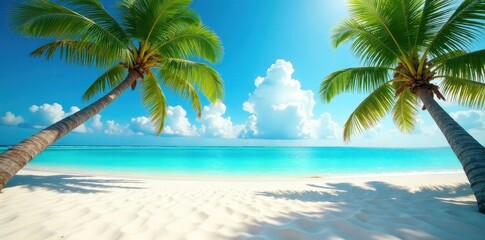 Turquoise water laps white sand, palm trees sway gently in breeze , peaceful, waves, coastal