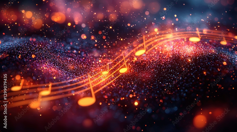 Poster glowing musical notes over sparkling abstract background for creative projects